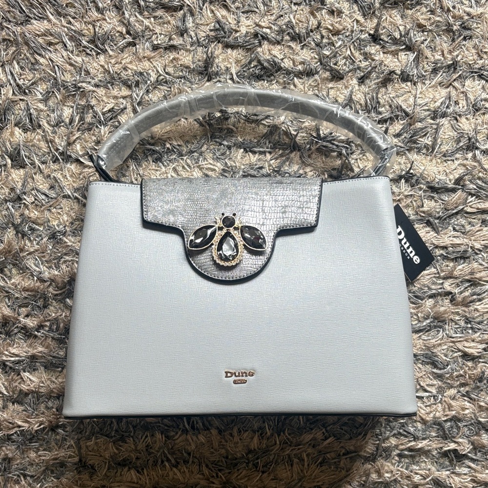 New! Dune London Pale Blue Satchel with Bee Shaped Jewel Accent Silver Hardware